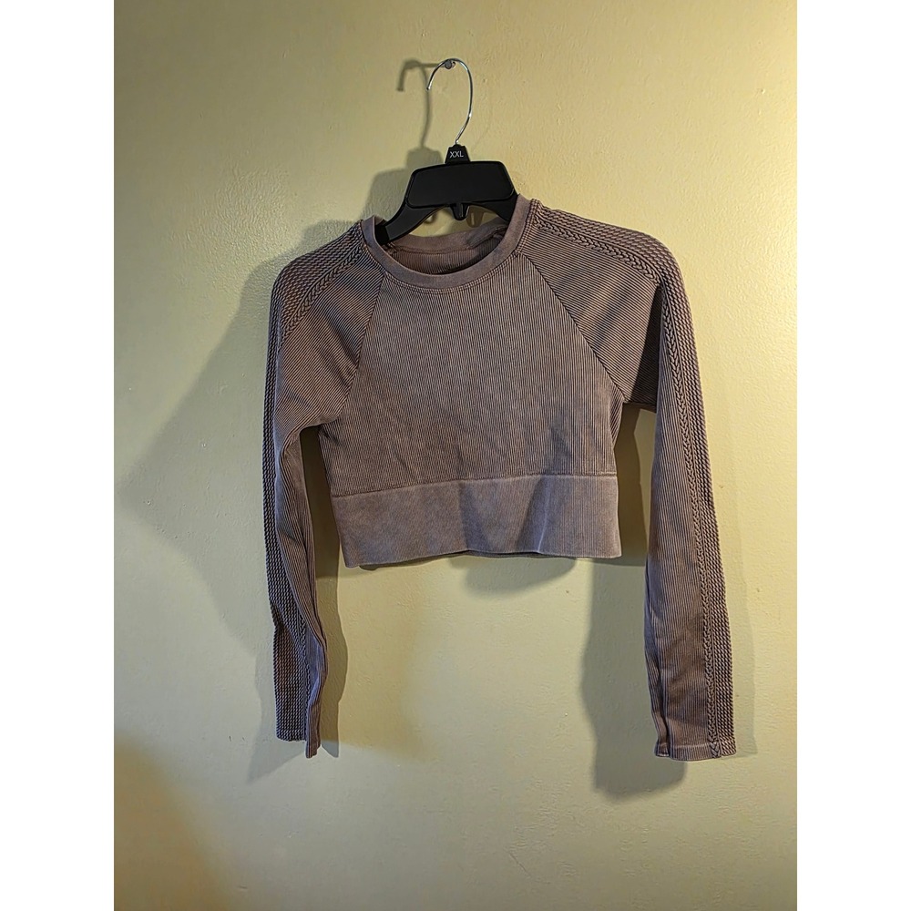Offline by Aerie Seamless Ribbed Long Sleeve Crop Top Taupe Brown Small